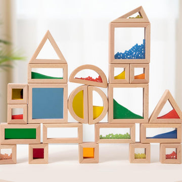 Rainbow Sensory Toys Blocks,15 Large Pcs Wooden Building Blocks For Toddlers Baby Kids,Colorful Geometric Stacking Toys, Prescho
