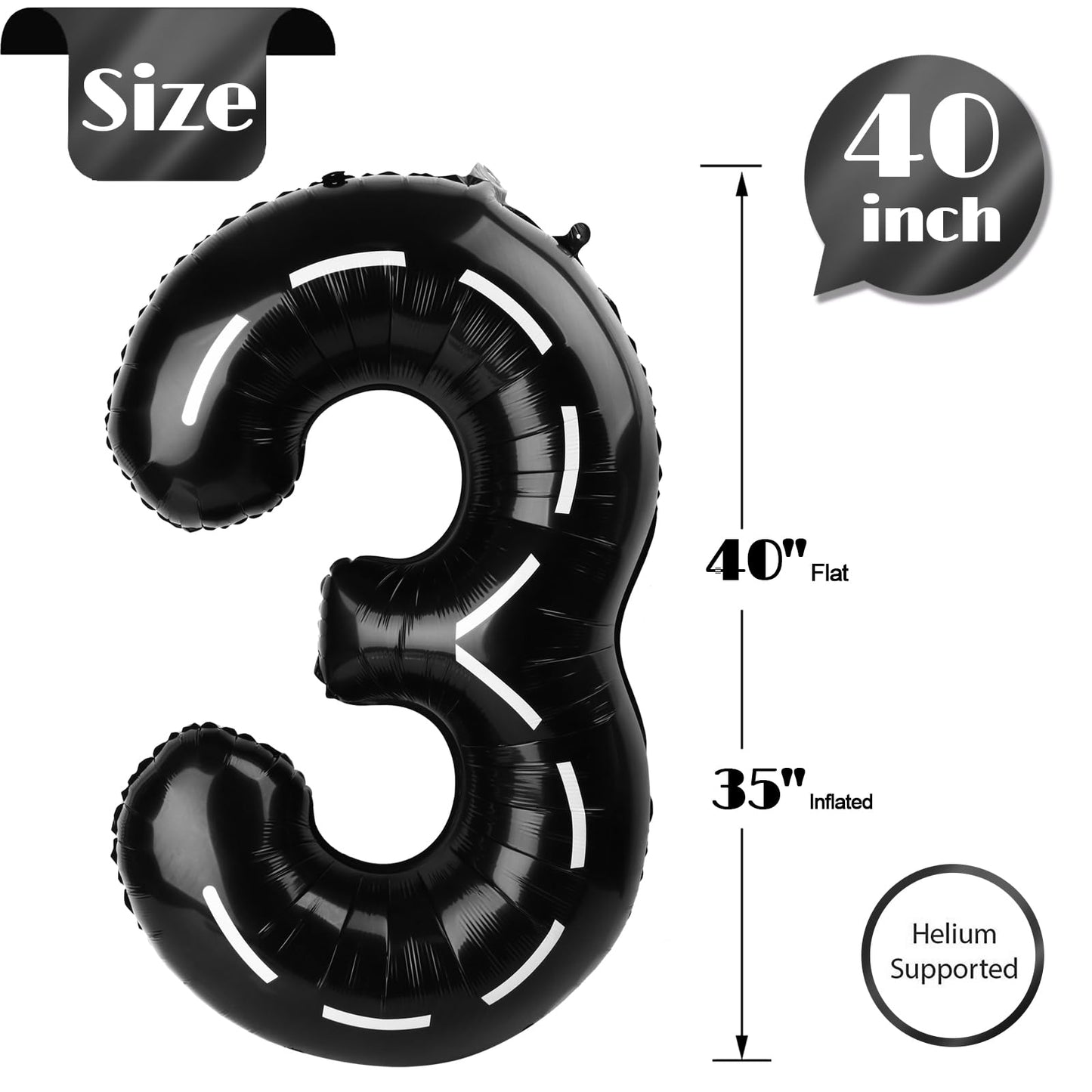 Race Car 3 Balloon, Number Balloons 40 Inch, 3Rd Black Birthday Decorations For Kids Boys, Racing Birthday Decorations, Number 3