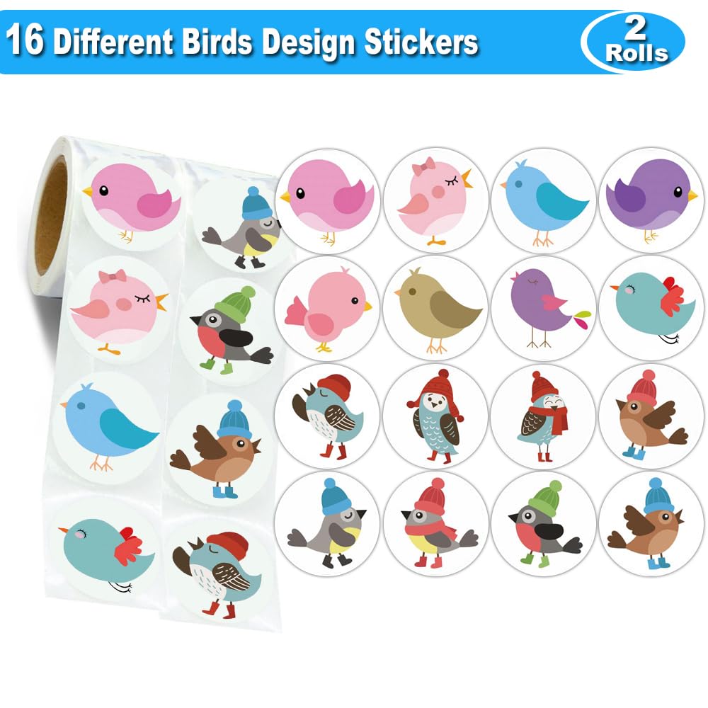 Hohamn 600 Pcs Bird Stickers for Kids Teachers 1.5 Inch 16 Styles Cute Bird Stickers for Kids Bird Theme Party Favors School Rew