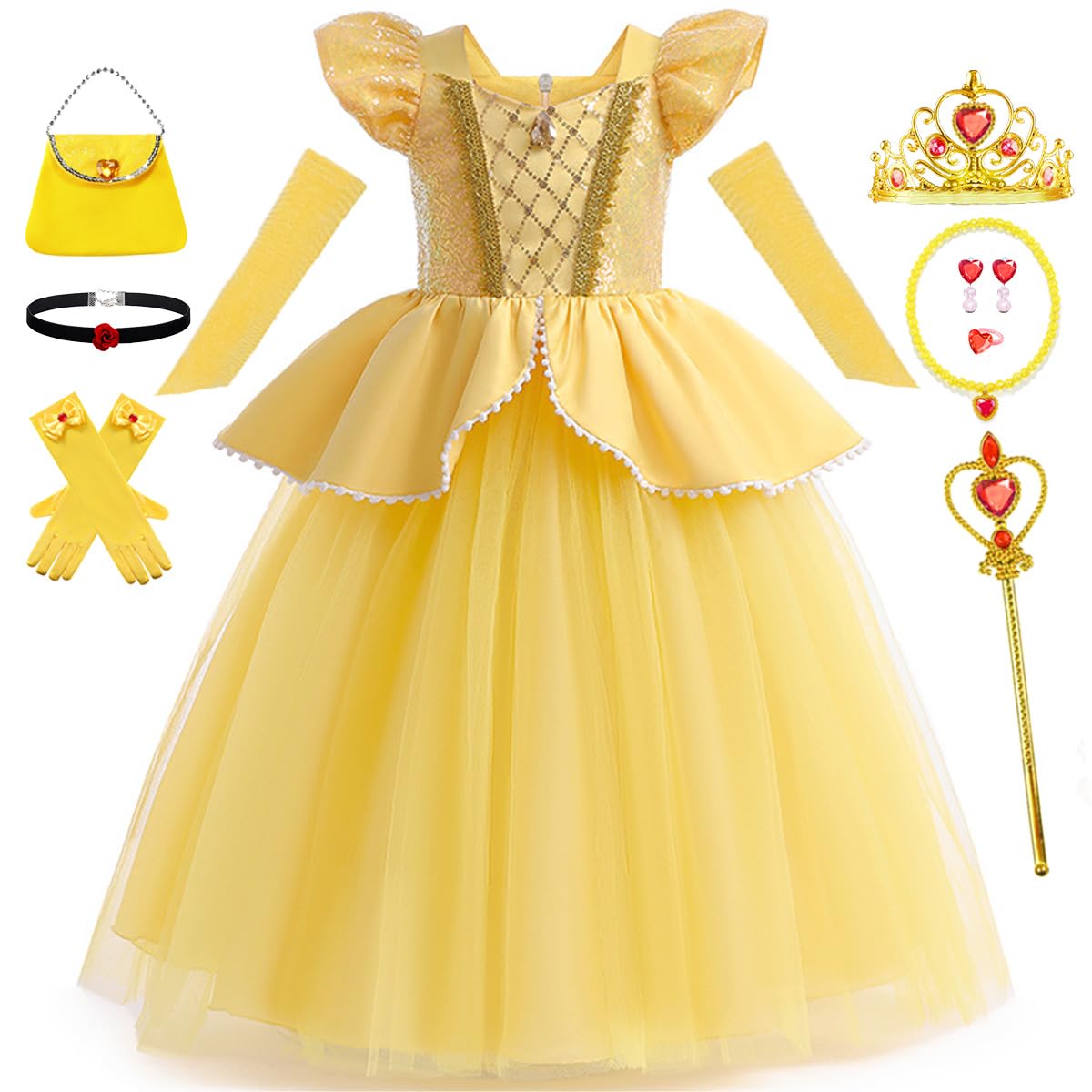 Luzlen Belle Costume For Girls Yellow Princess Dress Up Halloween Birthday Party Cosplay Outfits With Accessories Yellow, 6-7Y(Tag 140)