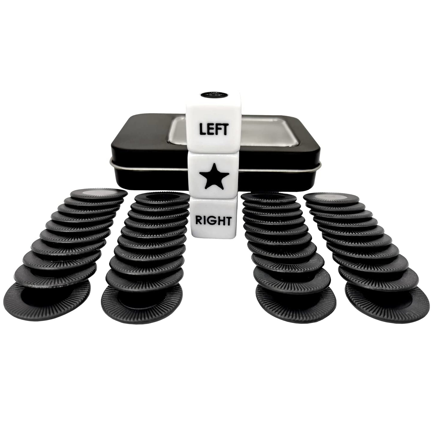 Ahoper Left Right Center Dice Game Prime Set With 3 Dices + 40 Chips.Left On The Product Means Pass 1 Chip To The Left, Right On The Product Means Pass 1 Chip To The Right. (Black)