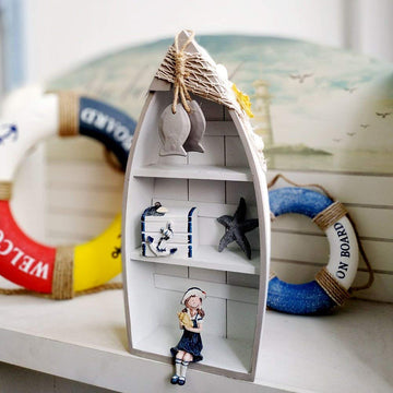 Attraction Design Wooden Sailboat Model Set Of 4, 4.3'H Sail Boat Decor Display With Fish Net Starfish Seashell Accents White Beach Nautical Theme Decor