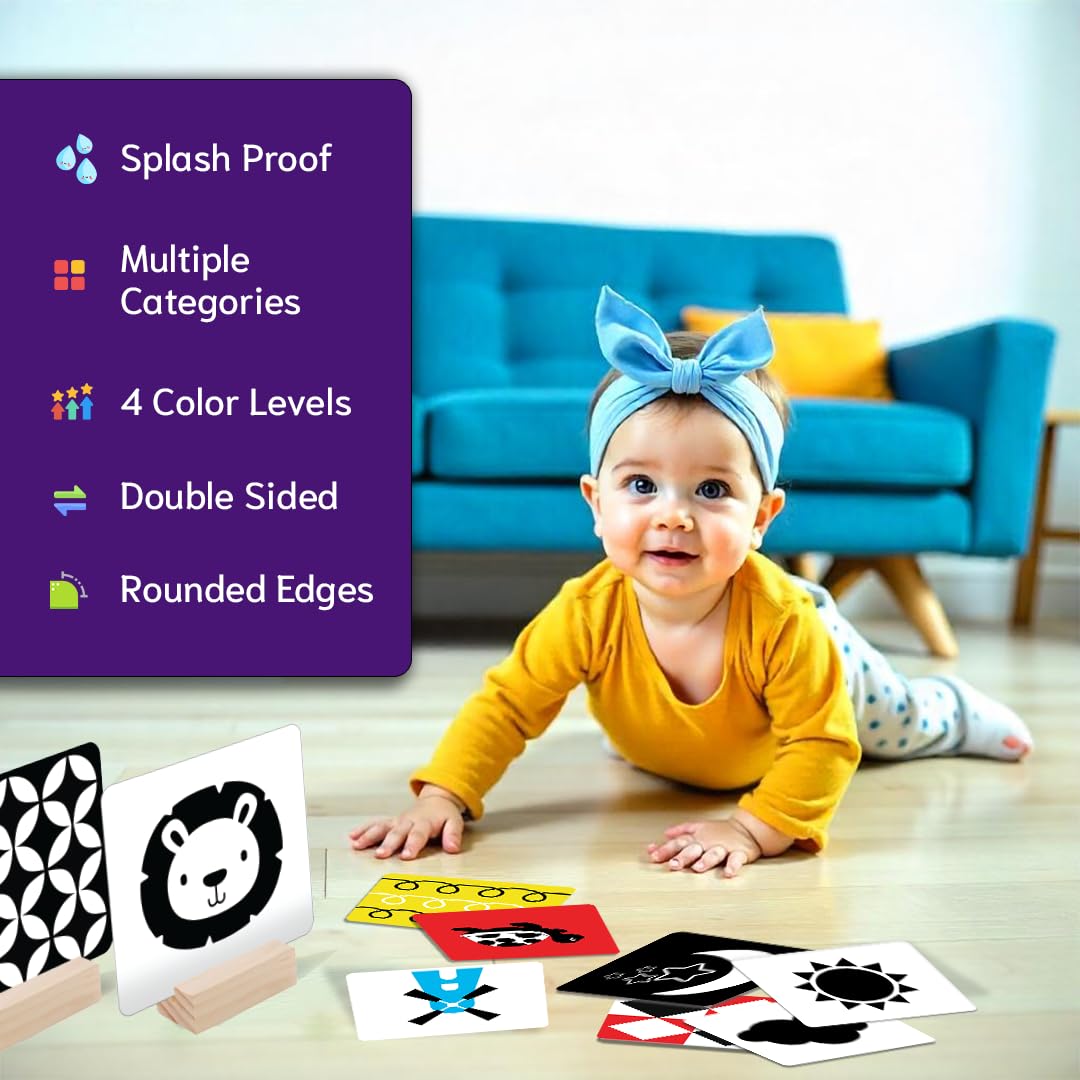 Ginimini High Contrast Flashcards For 0-12 Months - Black, White & Primary Colors For Visual Stimulation | 60 Large Pictures For