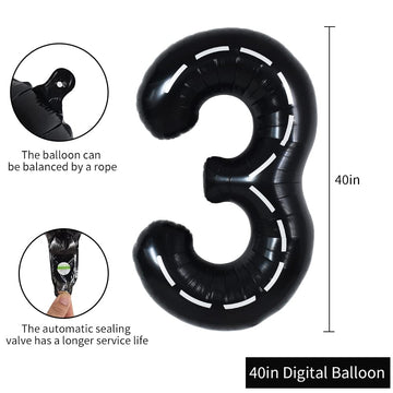 Toniful Race Car Black Balloons Car Birthday Party Supplies,40 Inch Giant Jumbo Helium Foil Mylar Big Number 3 Digital 3 Balloon