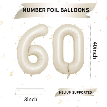 Biapian 40 Inch Cream Number 60 Balloon, 60Th Birthday Balloons, Big Digital 60 Beige White Giant 60 Foil Balloon Helium For Men