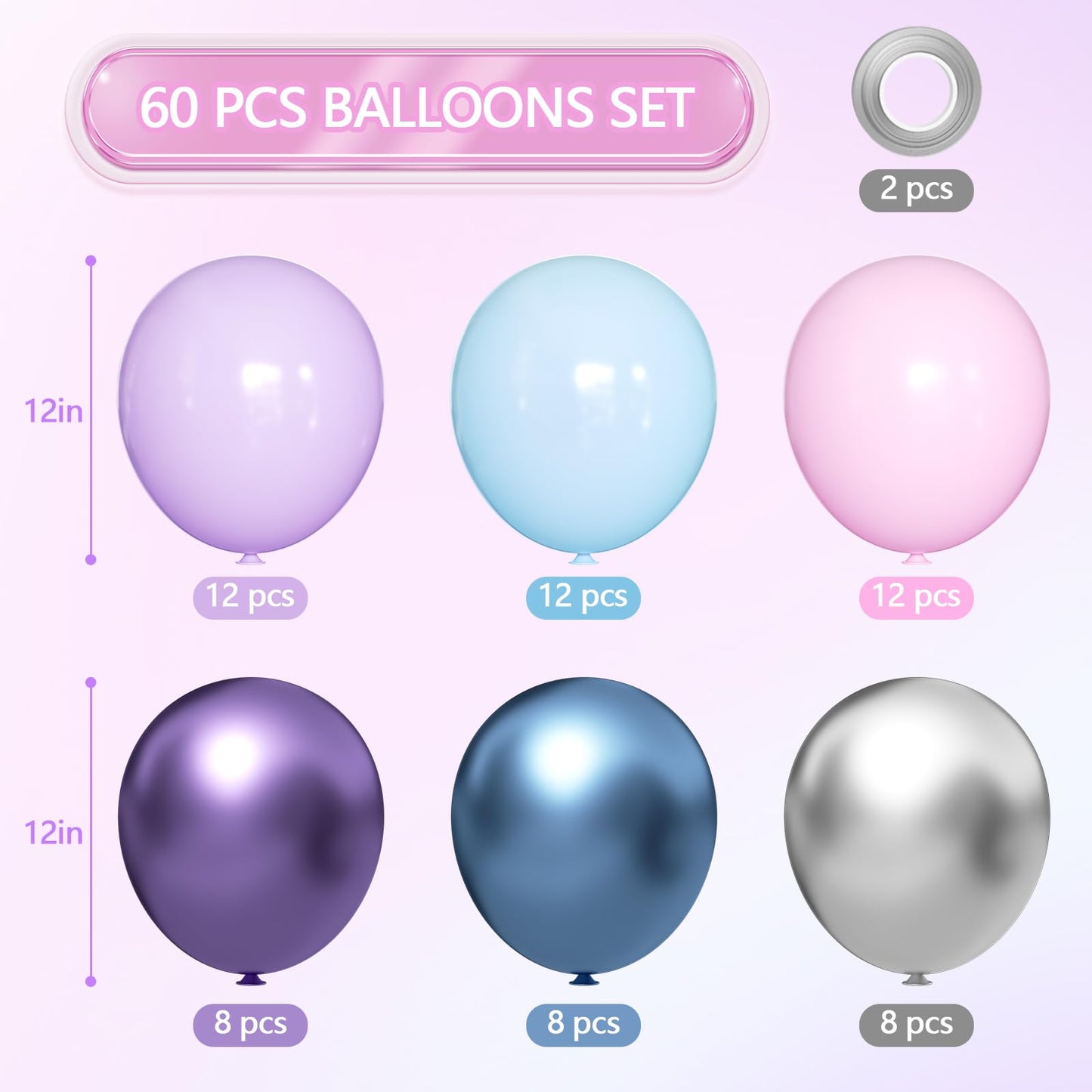 Renjiro Purple And Blue Balloons 60Pcs 12 Inch Blue Purple Silver Pink Latex Balloons Fit For Frozen Balloons Birthday Decor Gir