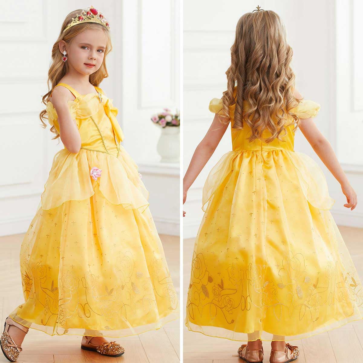 Luzlen Princess Costume For Girls Kids Belle Dress Halloween Cosplay Party Outfit Toddler Princess Dress Up, 3-4 Years(Label 110