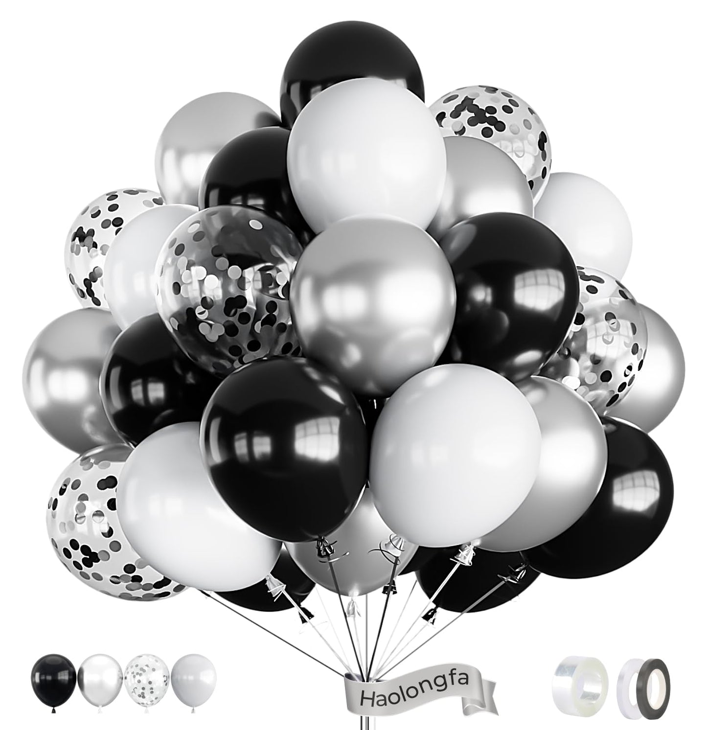 Haolongfa Black And Silver Balloons,12 Inch 60Pcs Black White Silver Confetti Balloons,Metallic Silver Latex Balloons For Gradua