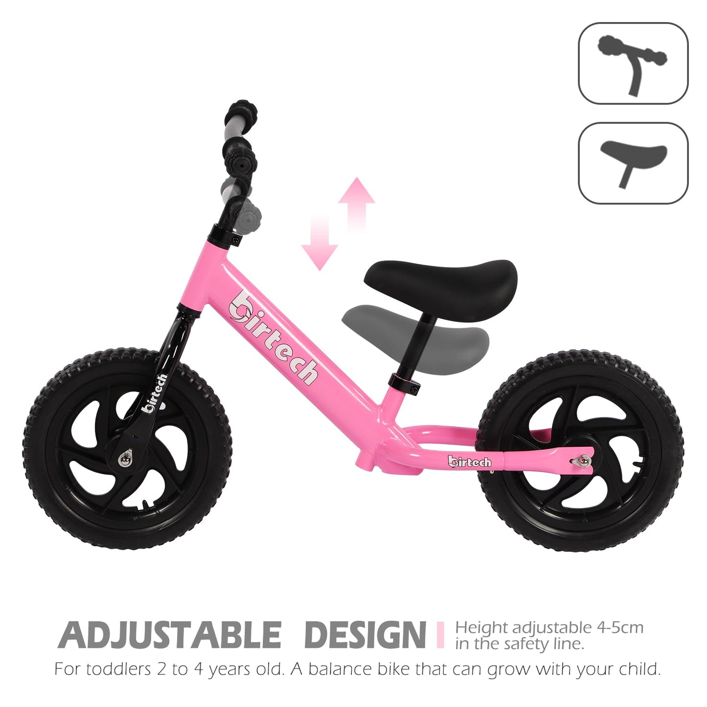 Birtech 12-Inch Toddler Balance Bike, Adjustable Seat, Pink, Model BT2003, No Pedals, Indoor/Outdoor Toy for Kids 2-6 Years Old