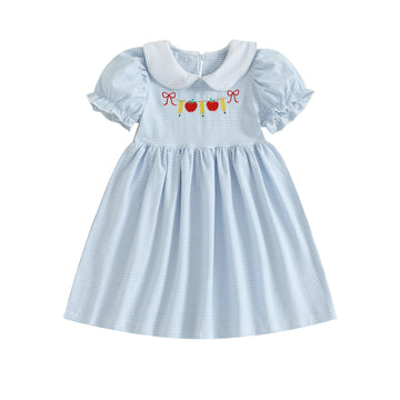 Toddler Girl Back To School Clothes Embroidery Smocked Dress Doll Collar Sundress First Day Of Pre Kindergarten Outfit (Apple Pe