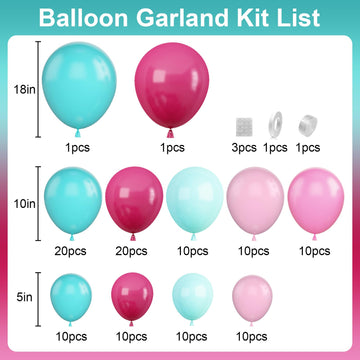 Hot Pink And Teal Blue Balloon Arch Garland Kit, Rose Red Teal Blue Pastel Pink Turquoise Latex Balloon For Birthday Baby Shower