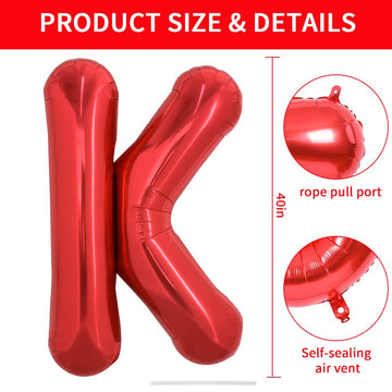 Toniful 40 Inch Large Bright Red Letter Balloons A-Z, Giant Jumbo Helium Foil Mylar Big Letter K Balloons For Birthday Party Ann