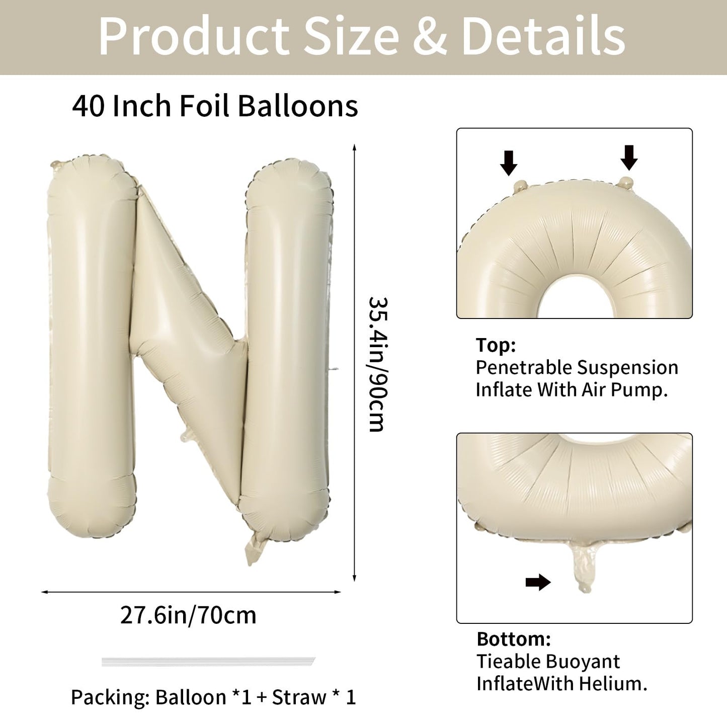 Biapian 40 Inch Letter N Balloons, Giant Cream N Foil Balloon, Big Single Alphabet A-Z Balloons, Beige Large Aluminum N Balloons
