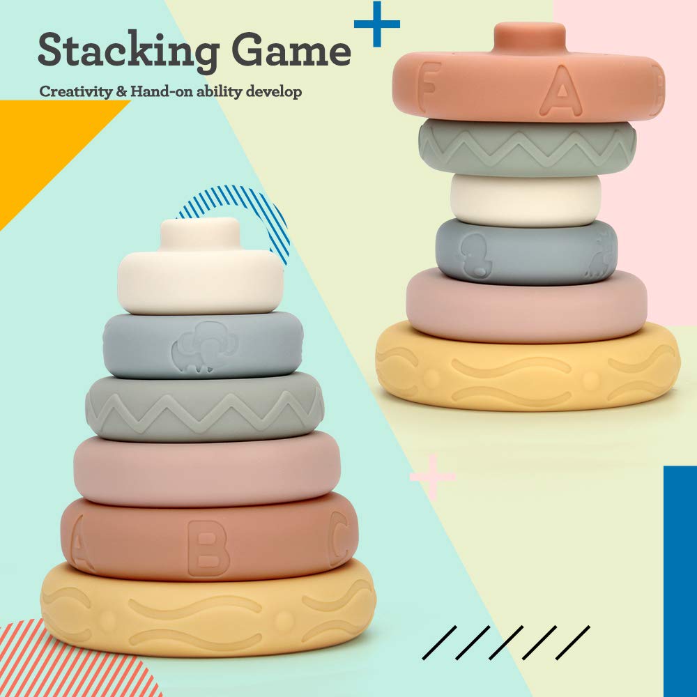 Mini Tudou 6 Pcs Baby Stacking & Nesting Toys, Soft Stacking Blocks Ring Stacker, Baby Sensory Teether Toys With Letter, Animal And Shape, Early Learning Toys For Babies Toddlers Kids 6 Months