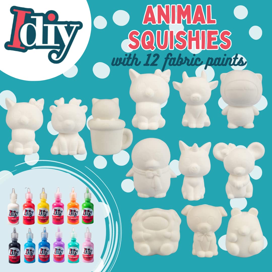 Scs Direct Diy Jumbo Animal Squishies 3.5' -6' (12Pc) & Fabric Paint (12 Bottles) Combo Pack- White Kawaii Slow Rising Squishy Toys For Drawing, Painting, Decorating - Scented Stress Relief Craft