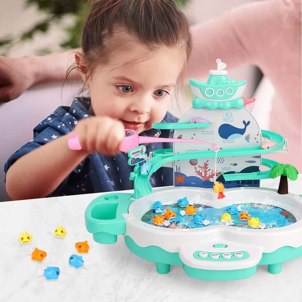 Magnetic Baby Fishing Toy Set, 3 In 1 Fishing Game For Toddlers & Kids With Slideway & Music Story, 10 Fish, 3 Dolphins, 2 Toy F