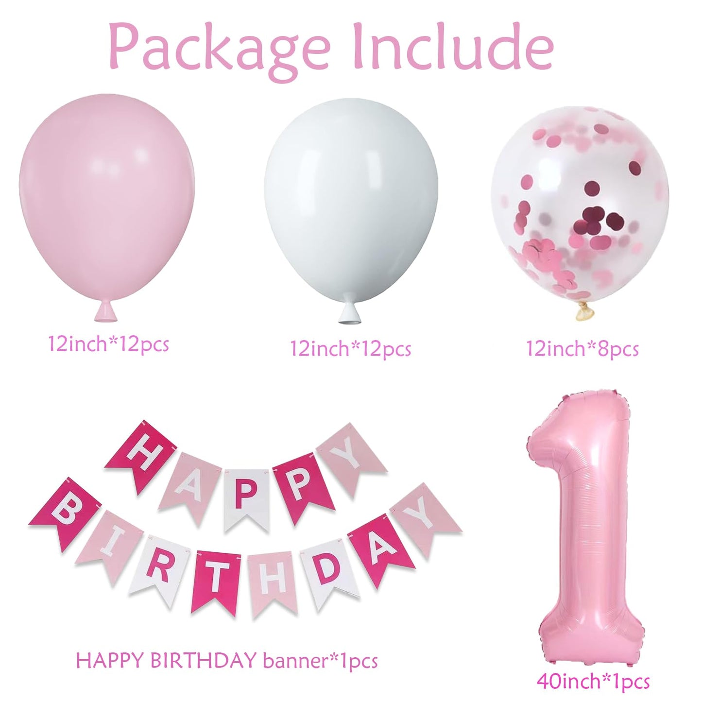 Yumiche First Birthday Decorations for Girl - Pink Balloon Set, 40" '1' Balloon, White Confetti, Happy Birthday Banner
