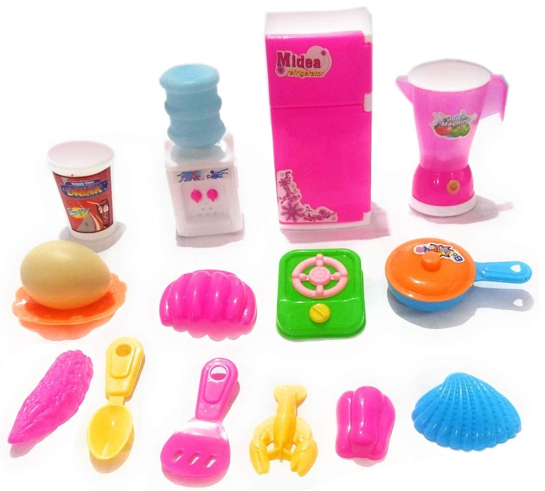 HALO NATION Mini Tableware Plastic Kitchen Toys Household Toy Set for Girls 15 Pcs  Refrigerator, Water Dispencer, Juicer, Indu