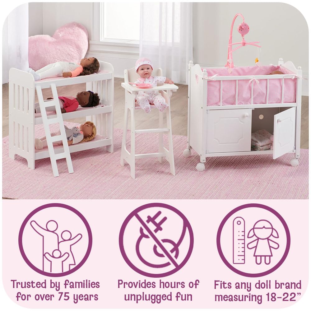 Badger Basket Wooden Doll Bed With Bed Liner, Pillows And Two Storage Baskets - Fits 18-Inch Dolls, White/Rose