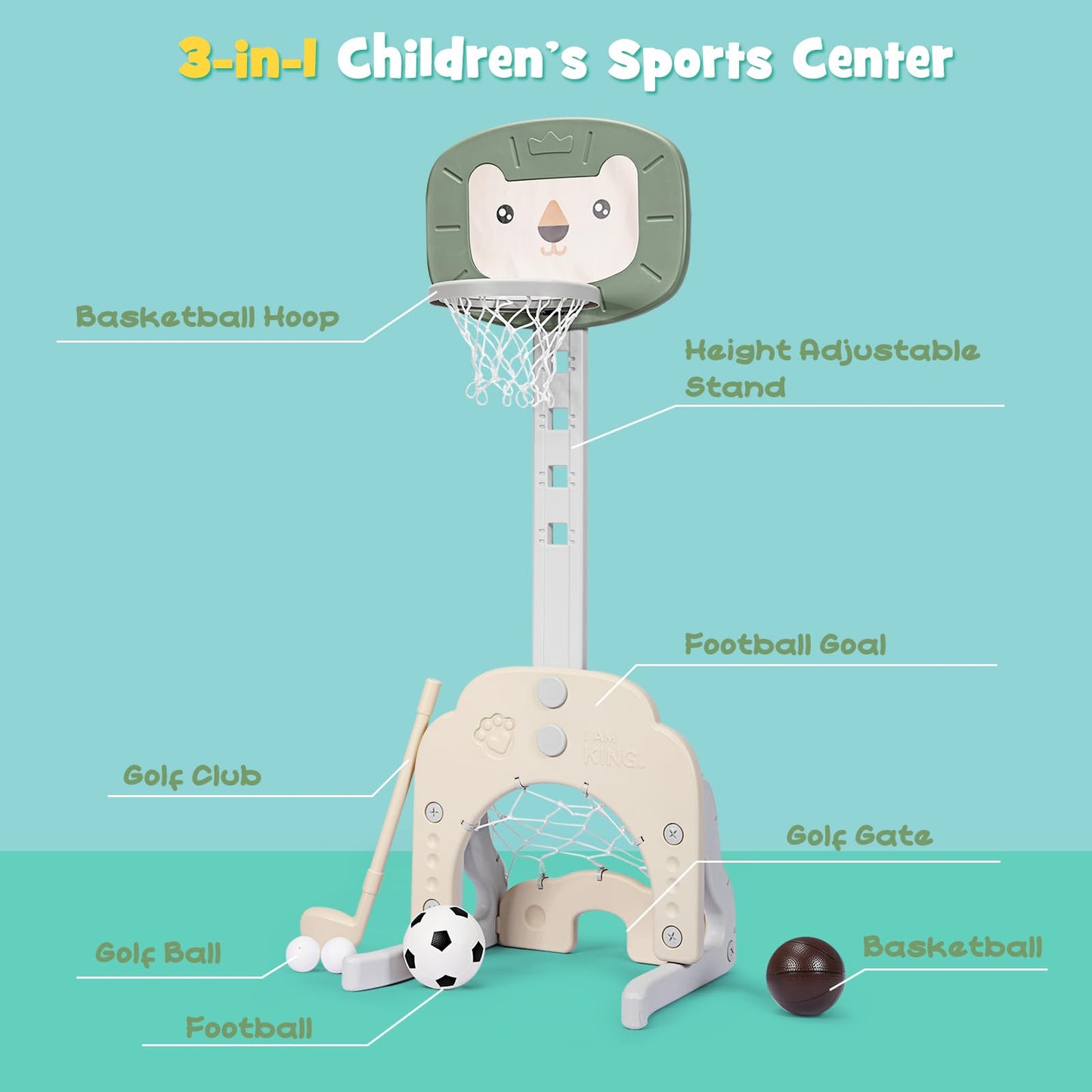 AKUSTIK 3 in 1 Toddlers Basketball Hoop Stand  Adjustable Height Sports Center with Basketball Soccer Golf Game Set  Portable Indoor Outdoor Activity Playset Gift for Kids 1-3 (Green)