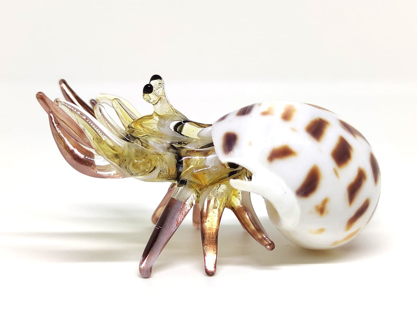 Sansukjai Seashell Hermit Crab Miniature Figurines Beach Animals Hand Blown Glass Art Natural Collectible Gift Decorate, Pastel Yellow