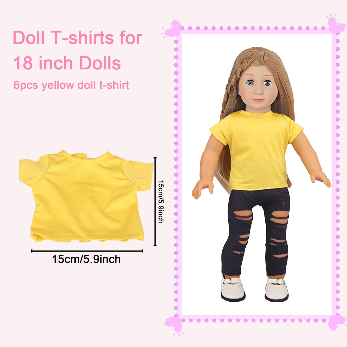 Augfrog 5 Pcs T-Shirts For 18 Inch Dolls, Summer Outfit Doll Clothes, Short Sleeved Classical Tee (Yellow)