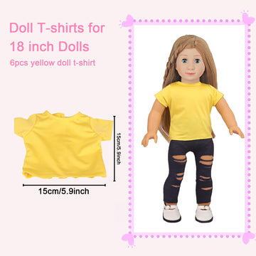 Augfrog 5 Pcs T-Shirts For 18 Inch Dolls, Summer Outfit Doll Clothes, Short Sleeved Classical Tee (Yellow)