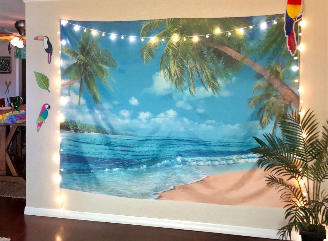 Ruini Polyester Tropical Beach Backdrop Summer Palm Trees Photography Backdrop Blue Sea Sky Sunshine Luau Themed Party Decoratio