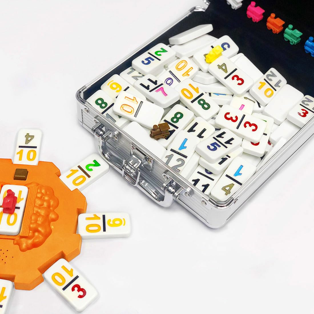 Yinlo Mexican Train Domino Set - 91 Double 12 Colored Tiles with Sound Effect, Travel Game in Aluminum Case, Orange