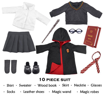 Magic School Uniform Inspired Halloween Costume Doll Clothes Clothing Outfits Accessories Set 10 Pcs For 18 Inch Girl Dolls