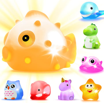 Bath Toys, 8 Pcs Light Up Floating Rubber Animal Toys Set, Flashing Color Changing Light In Water, Baby Infants Kids Toddler Child Preschool Bathtub Bathroom Shower Games Swimming Pool Party