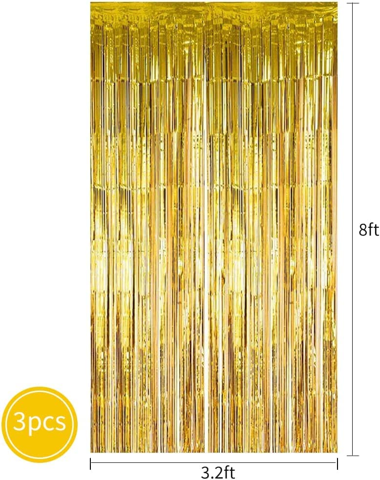 3Pcs Gold Metallic Tinsel Foil Fringe Curtains,3.2ft*8ft Gold Photo Booth Backdrop Streamer,Photo Booth Props,for Party Door Wal