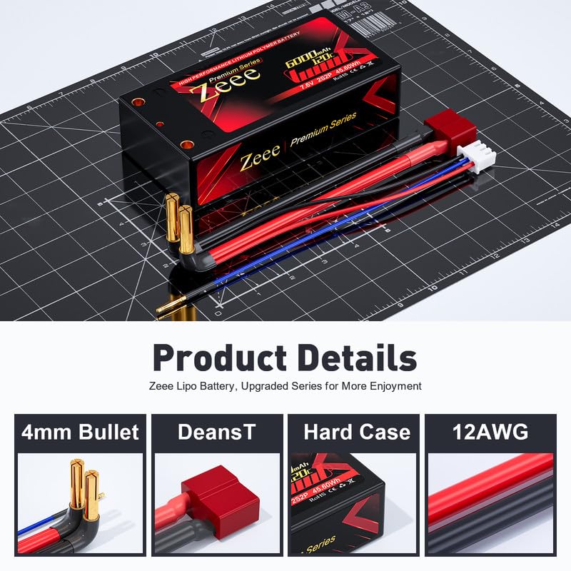 Zeee Premium Series 2S Shorty Lipo Battery 6000mAh 7.6V 120C Hard Case with 4mm Bullet to Deans Connector High Voltage Battery f