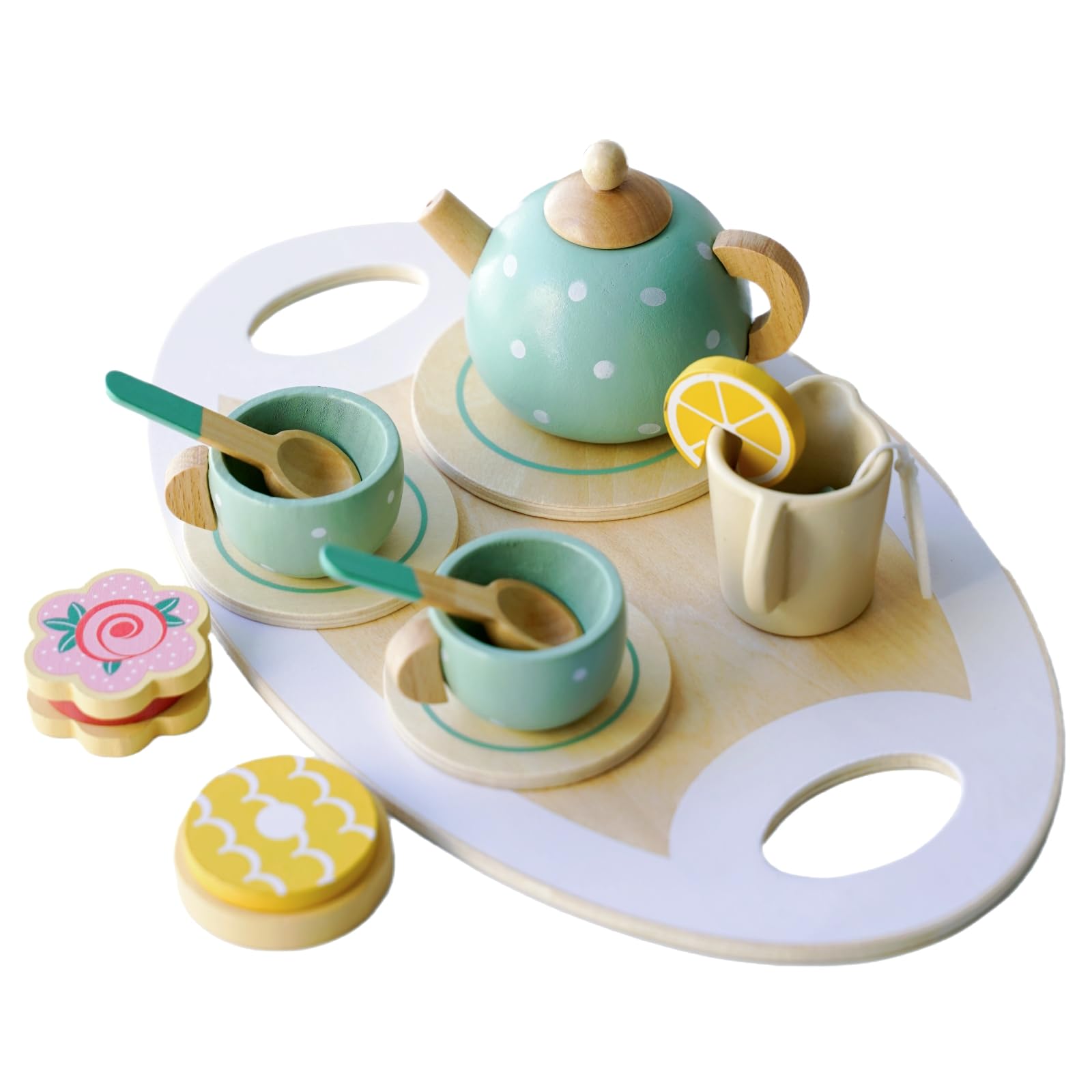 Wooden Tea Party Set for Little Girls Toys, Pretend Play Kids Tea Set for Toddlers Wood Toys, Wooden Play Food Kitchen Accessori