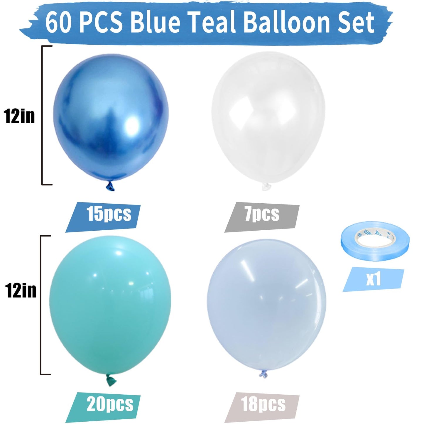 Teal Blue Balloons, 60 Pcs Turquoise Blue Balloons With Transparent Balloon Metallic Blue Balloons, Pastel Baby Blue Balloons Pe
