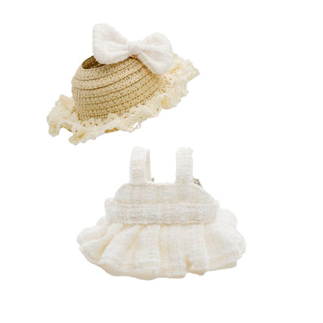 Doll Clothes for 17cm Dolls  enhanced Handmade Fashion Clothes 3 Piece Set Including a Lace Hat  Clothes and Bow with High-End Dolls Accessories for Play & Display - Pure White (No Doll No Logo)