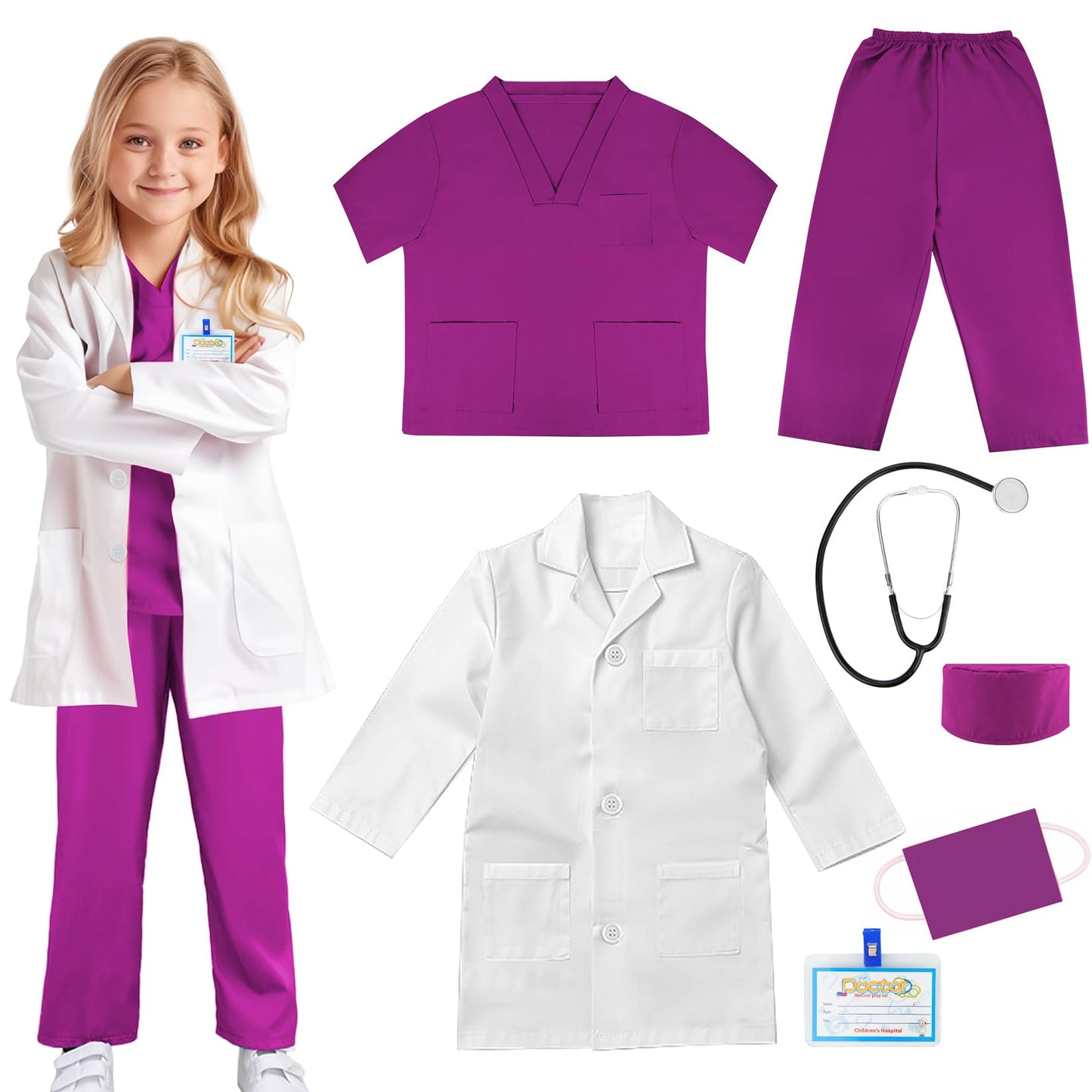 Cotatero Doctor Scrubs Costume For Kids With Stethoscope Lab Coat Career Day Costume Halloween Dress Up For Boys Girls 3-12 (Purple, Xxxl-160/10-12Y)