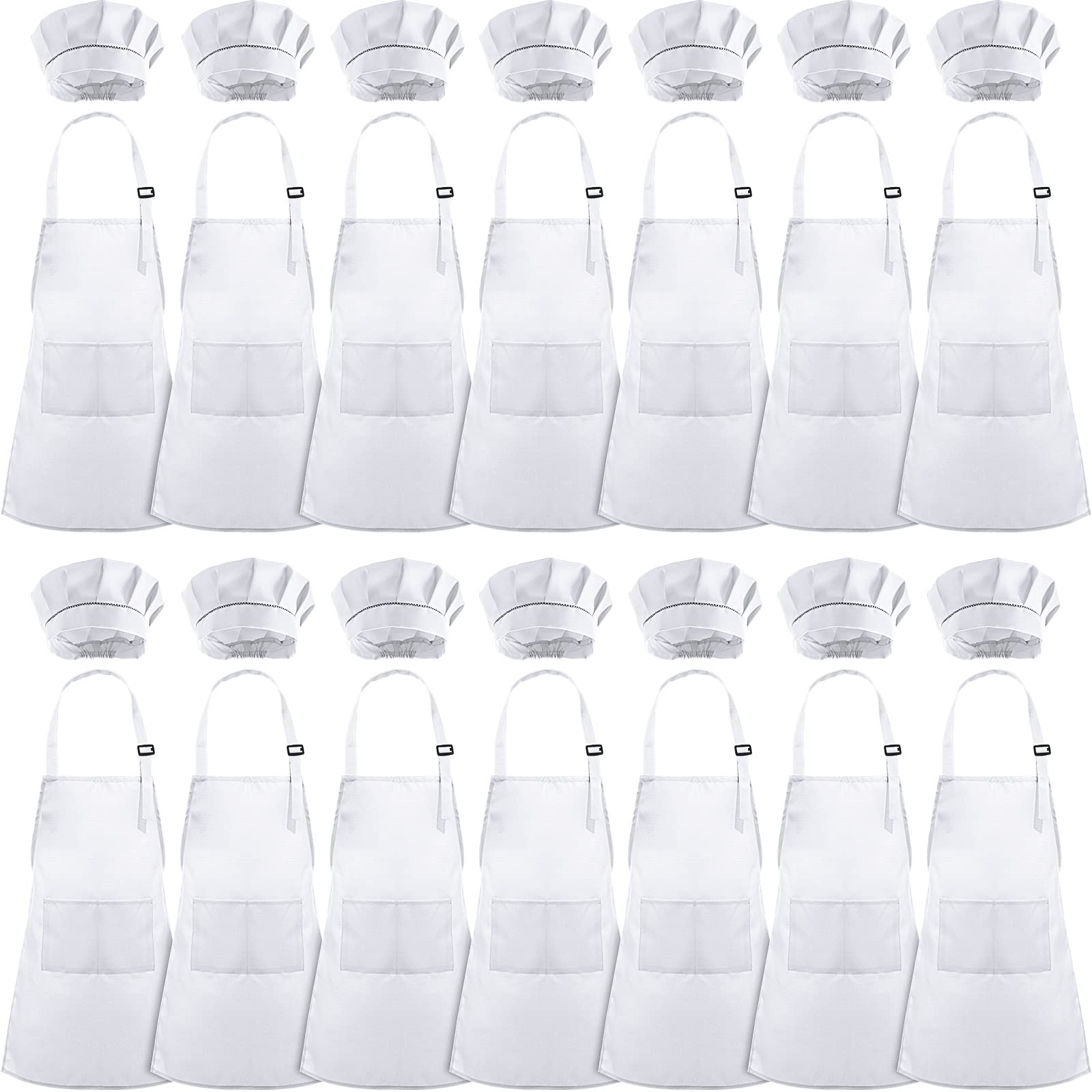 28 Pcs Kids Apron Bulk Chef Hat Set, Adjustable Children's Bib Apron Boys Girls Aprons with 2 Pockets Chef Costume (White)