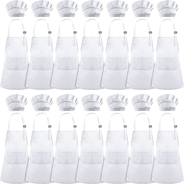 28 Pcs Kids Apron Bulk Chef Hat Set, Adjustable Children's Bib Apron Boys Girls Aprons with 2 Pockets Chef Costume (White)