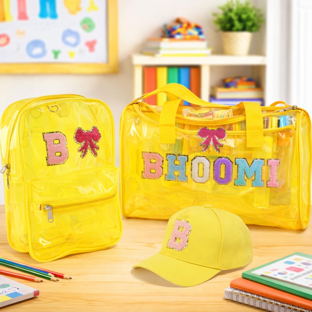 Aica Personalized Name Embroidered Letters & Patch Pvc Bag & Cap Kids Combo Giftset (210 Years)  Yellow| Stationery Items |Duf