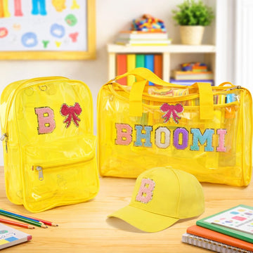 Aica Personalized Name Embroidered Letters & Patch Pvc Bag & Cap Kids Combo Giftset (210 Years)  Yellow| Stationery Items |Duf