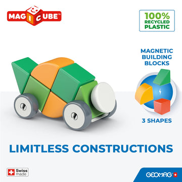 Geomag Swiss-Made Magicube 13-Piece Magnetic Shapes & Wheels Building Set, Cars & Characters, Stacking Blocks For Toddlers & Kid
