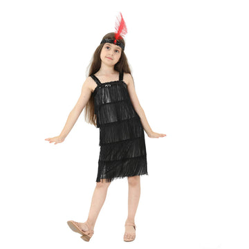 Leadtex Girl'S 20S Flapper Dresses Costume Dress Childrens Party Fringed Dresses With Feather Headband,Size L(10-12,Black