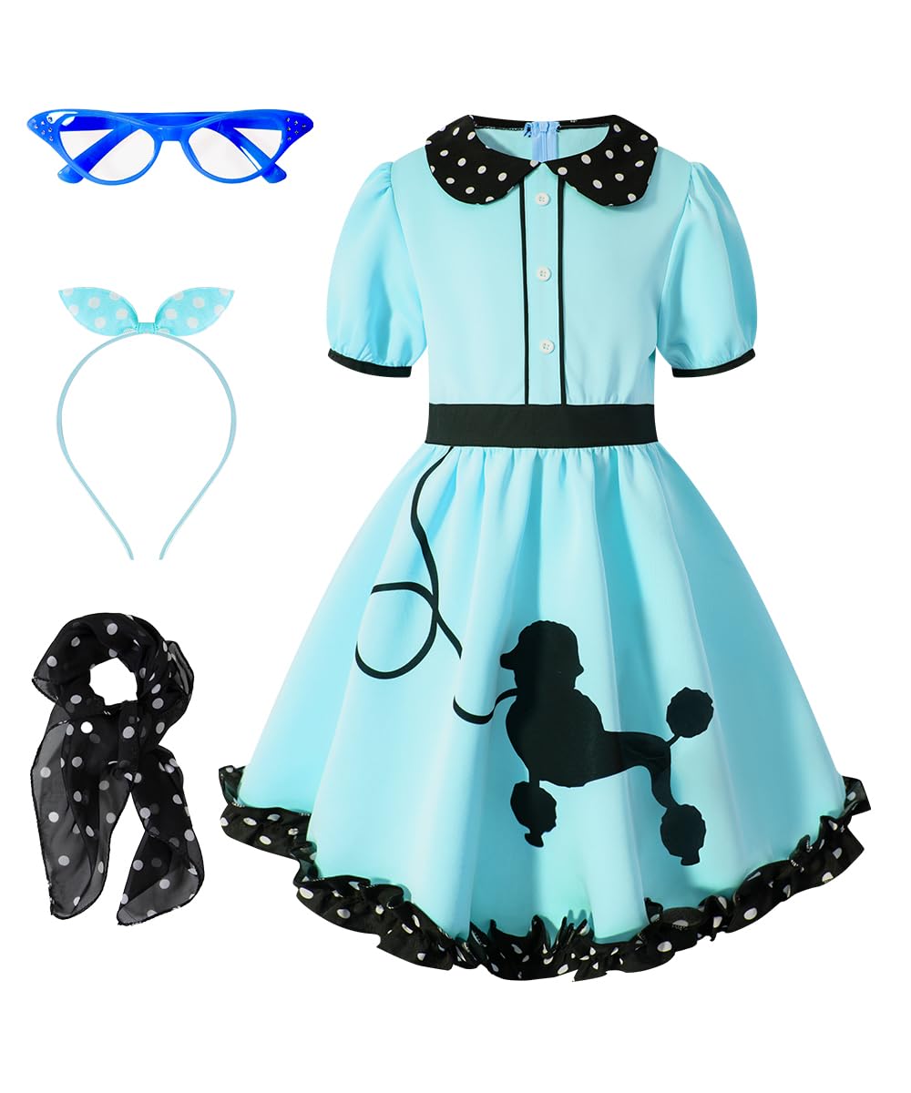 Iwalue Kids Girls 1950S Poodle Party Dresses Halloween Costume Skirt Set Dress Up(Blue,5-6 Years)