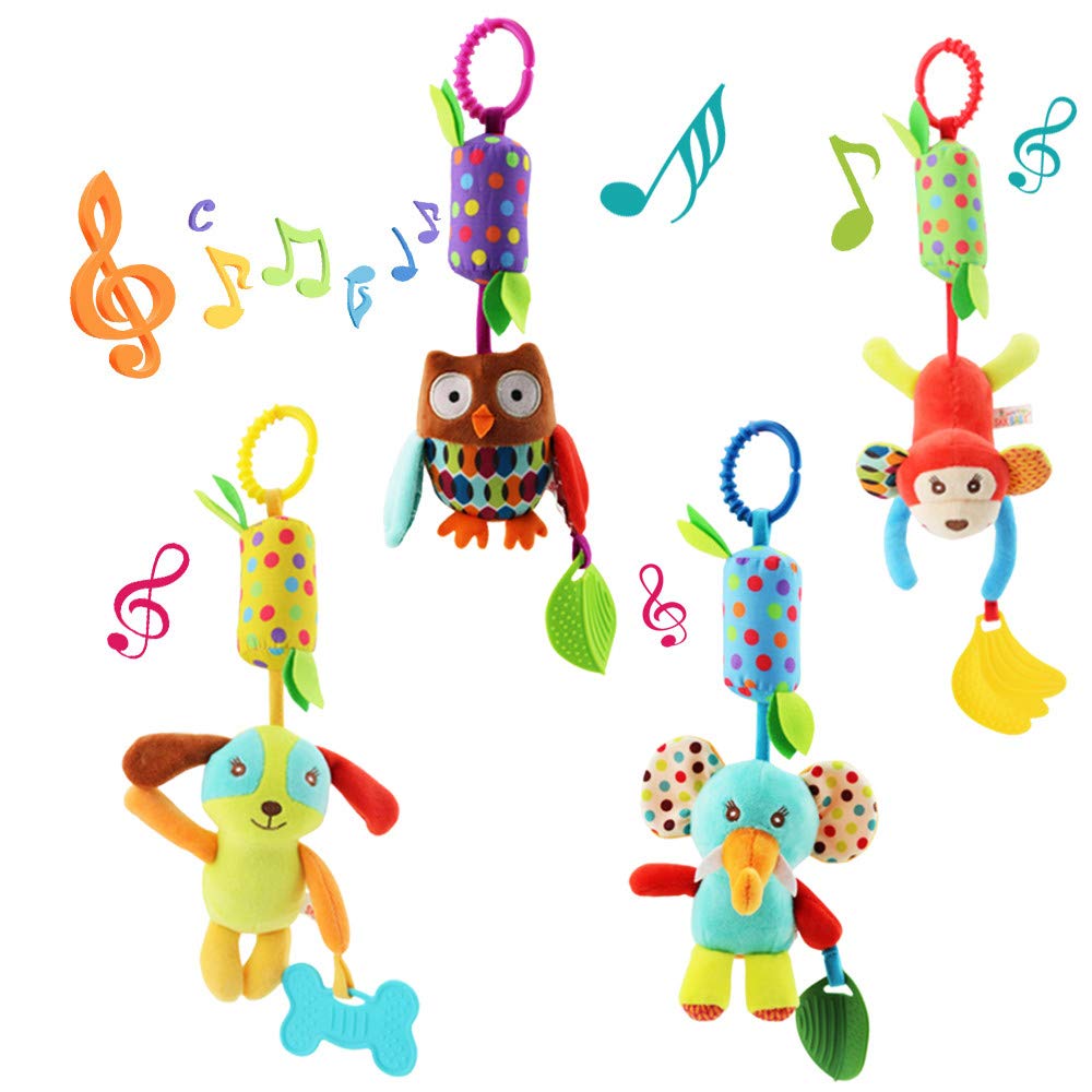 Joyshare 4 Pcs Baby Soft Hanging Rattle Crinkle Squeaky Toy  Baby Toys For 0 3 6 9 To 1 Animal Ring Plush Stroller Infant Car B