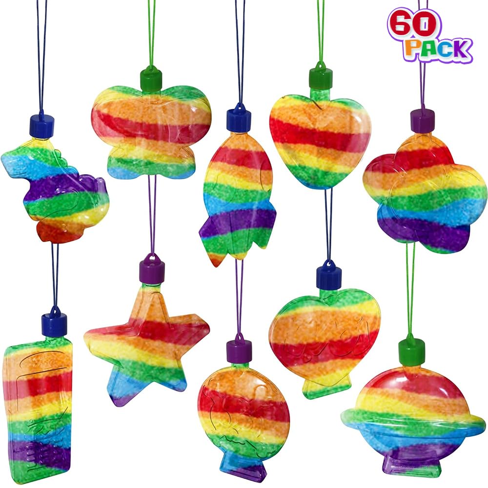ArtCreativity Sand Art Bottle Necklaces Assortment for Kids, Bulk Pack of 60, Collection of Sand Art Craft Bottle Necklaces, Fun