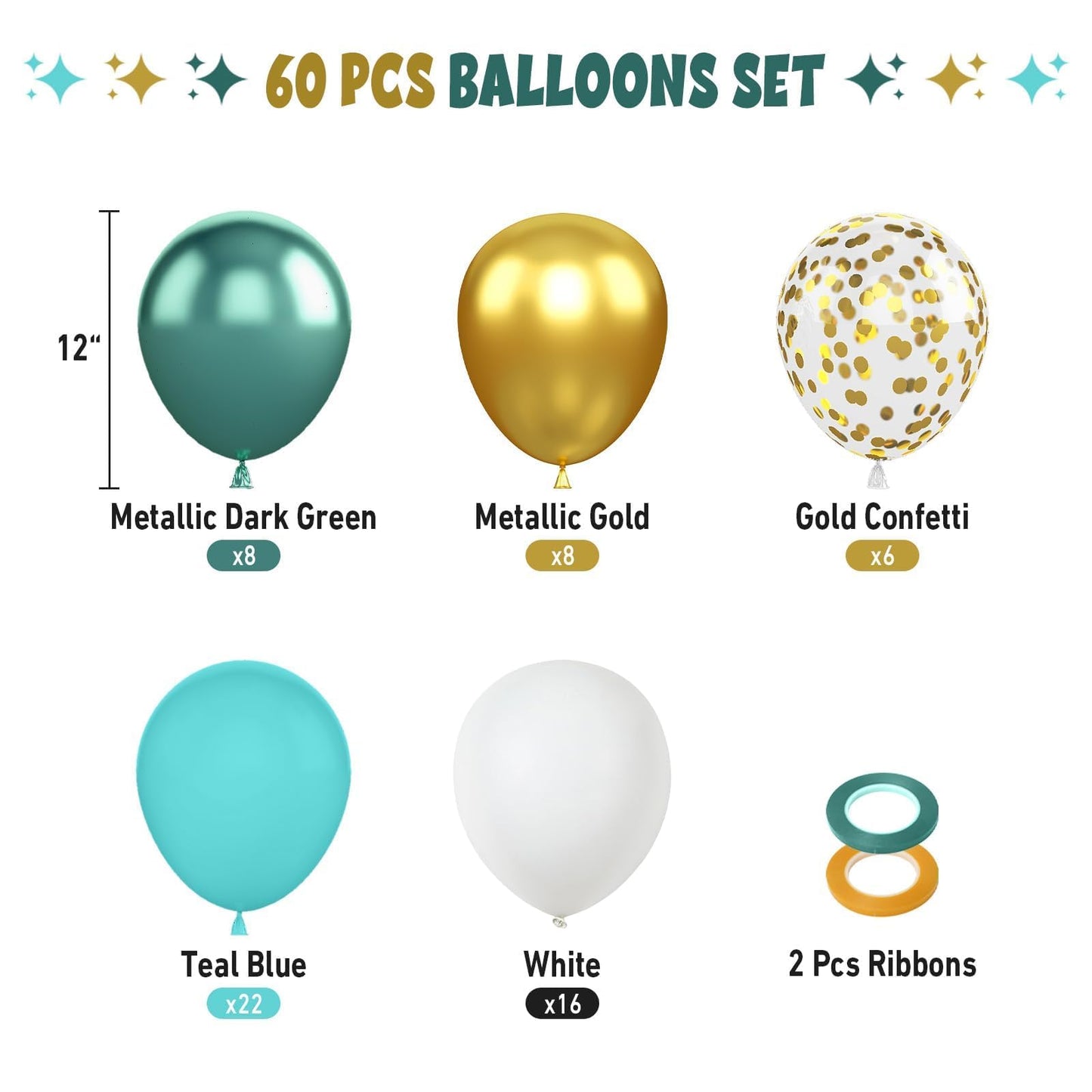 FunHot Teal Balloons, 60 Pcs Metallic Gold & Dark Green, 12 Inch Latex Balloons for Wedding, Birthday, Baby Shower Party Decor