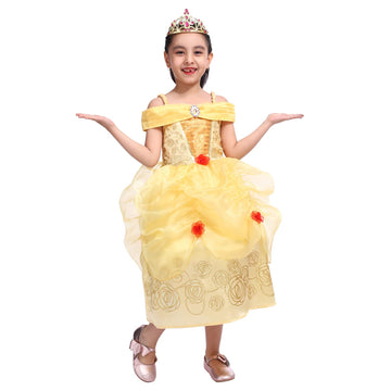 Spunicos Girls Golden Belle Princess Fancy Dress With Tiara,Unique Belle Costume Dress 5-6Years