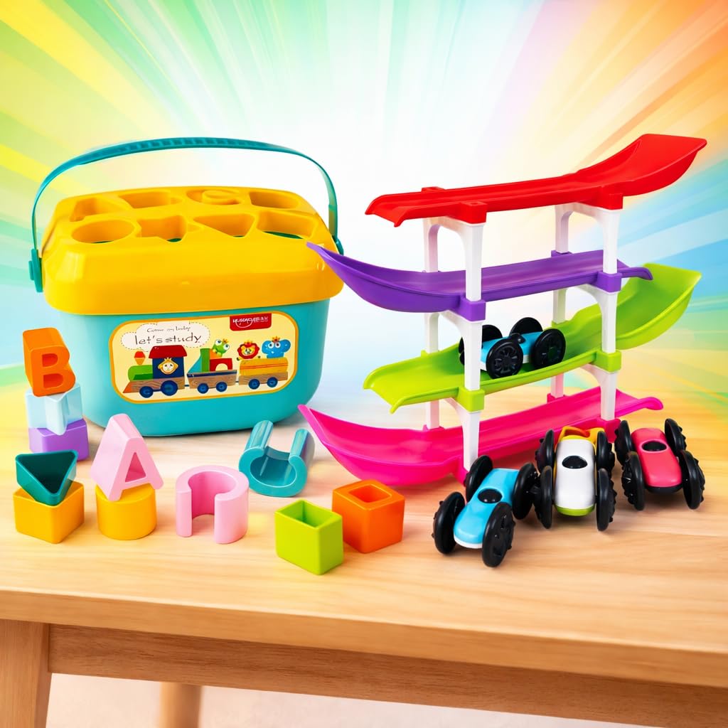 Toyshine Early Learning Combo For Toddlers  Shape Sorting Bucket With 16 Abcd Blocks & 4Level Racer Ramp Toy With 4 Cars | Edu