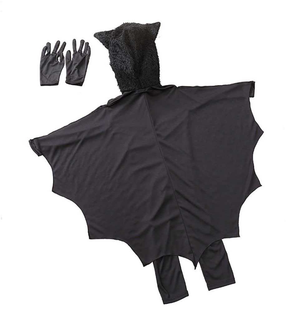 Cooljoy Kids Unisex Vampire Bat Costume, Jumpsuit Halloween Cosplay Costume, Party Animal Costume Outfits, Long Section,With Gloves (M) Black